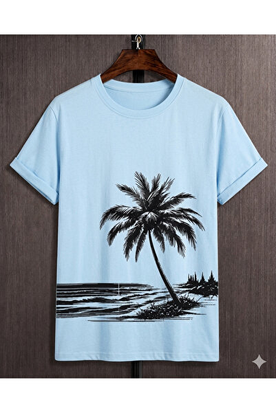 VODEXA Unisex Oversize T-Shirt Palm Tree on the Beach Printed 100% Cotton T-S...
