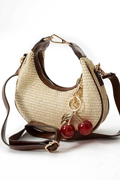 KIRASE Women's Straw Cherry Charm Accessory Crossbody and Handbag with Adjust...