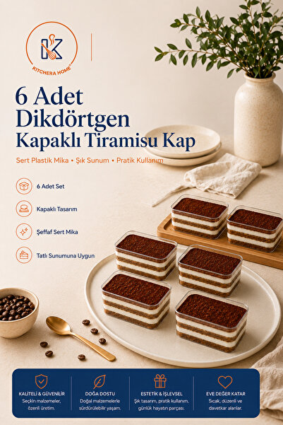 Kitchera Home 6 Adet Mika Tiramisu Cup 300 cc Şeffaf Kapaklı Porsiyonluk Tatl...