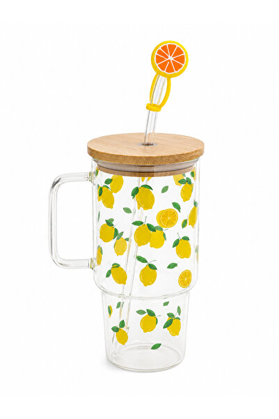 OEM Pahar cu Pai și Capac din Bambus 950 ml, Sticlă Borosilicată, Model Lămâi...