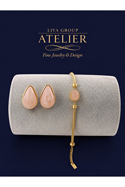 Liva Group Atelier Premium Çelik 2'li Kombin Pembe Opal Taş Bileklik & Opal T...