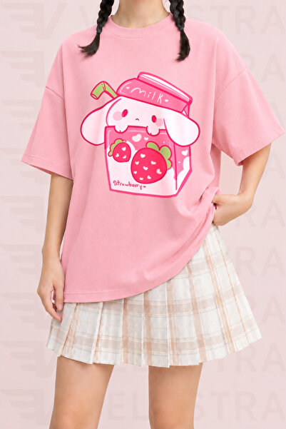 Velostra Women's Strawberry Milk Rabbit Printed Oversize Crew Neck Cotton Cas...