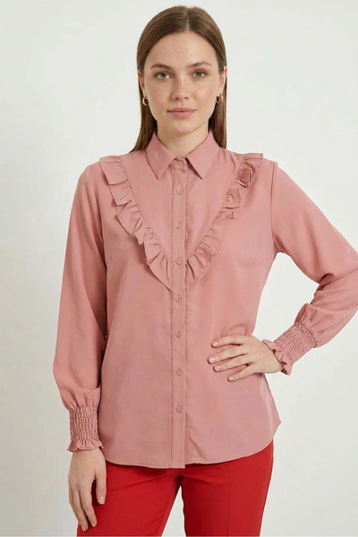 Efnaz style Women's Ruffled Collar Gathered Sleeve Long Dusty Rose Shirt