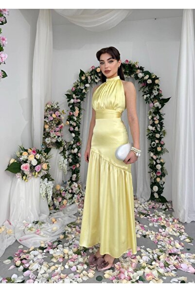 Caddebostan Moda Satin Look Halter Neck Evening Dress with Belt Detail