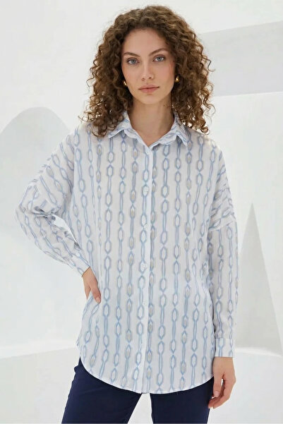 buğrahayalin Women's Oversize Patterned Satin Turquoise Shirt