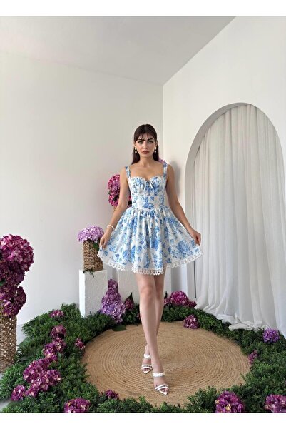 Caddebostan Moda Çiçek Desenli Dantel Detaylı Korseli Mini Elbise
