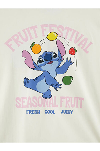 LC Waikiki Bej Bisiklet Yaka Stitch Baskılı Kadın Tişört