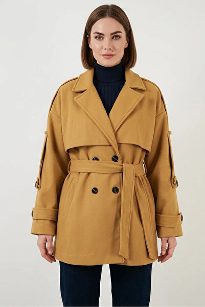 buğrahayalin Women's Belted Collar Belted Oversize Cotton Mustard Coat