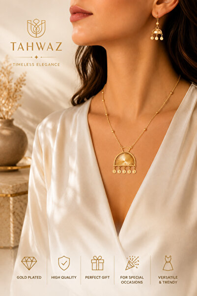 Tahwaz Shams Al-Badia Gold Plated Necklace & Earrings Set – Traditional Arabi...