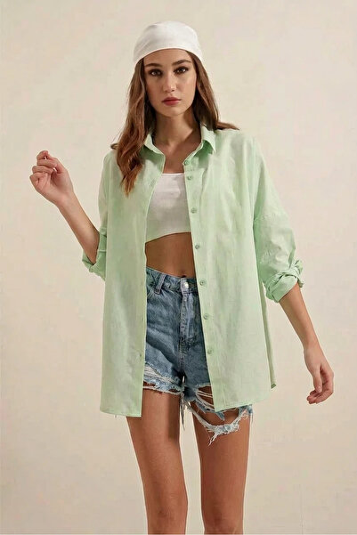 Efnaz style Women's Long Sleeve Basic Oversize Cotton Green Shirt
