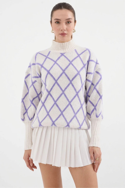 Efnaz style Women's Turtleneck Oversize Diamond Patterned Knitwear Lilac Sweater