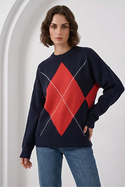 buğrahayalin Women's Round Neck Oversize Diamond Patterned Knitwear Navy Blue...