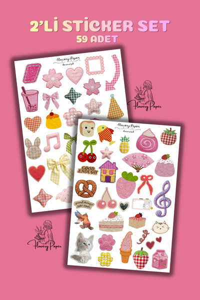 Flowery Paper 2'li Dikiş desenli Sticker sayfası , Defter,ajanda ,journal,scr...