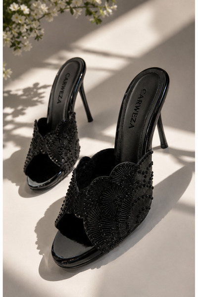 carweza Rin Black Stone Women's Heeled Slippers