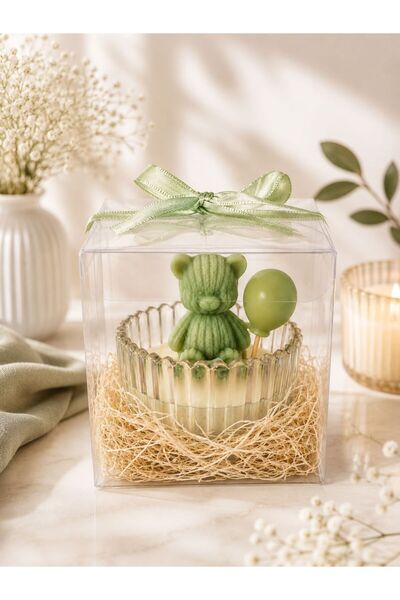 OEM Set 5 Marturii de botez ursulet cu balon, in recipient de sticla, ceara n...