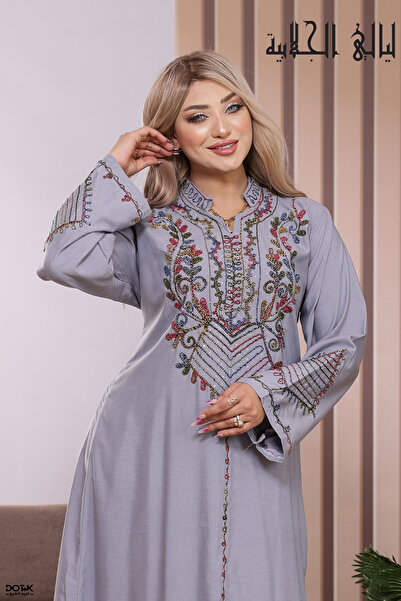 Lyaly aljlabyh Luxe Linen Jalabiya Mandarin Collar — Floral and Double Chevro...