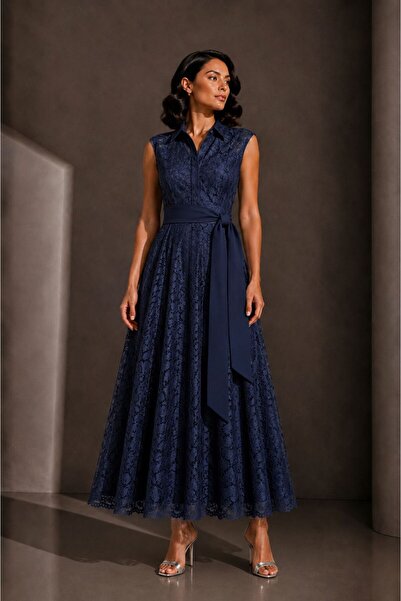 UNTIMELY Sleeveless Navy Blue Lace Midi Stylish Shirt Dress
