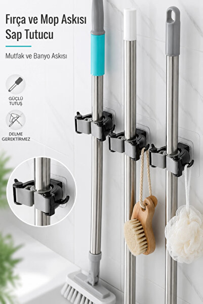 Tilbe Home Yapışkanlı Fırça Mop Askısı Sap Tutucu Mutfak Banyo Duvar Askısı O...