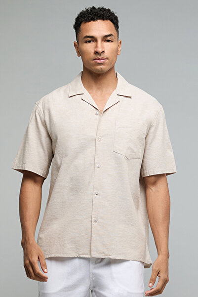 R&B Textured Shirt with Revere Collar and Short Sleeves