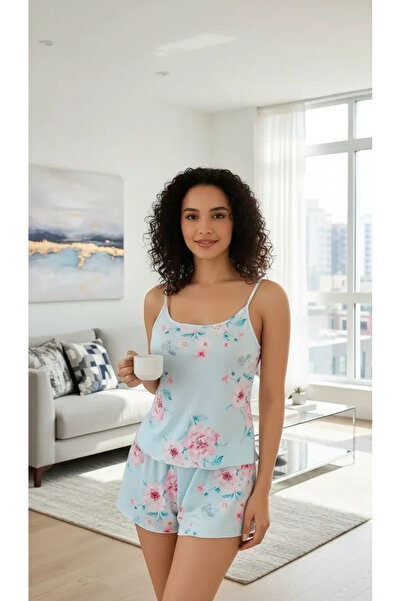 Beruflic Women's Baby Blue Floral Patterned Strappy Shorts Pajama Set Comfort...