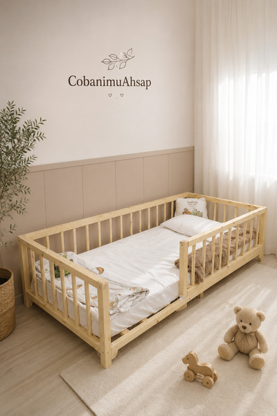 cobanimuahsap Cobanımu Ahşap Ayaklı Korkuluklu Çubuklu Montessori Yatak – Doğal Ahşap