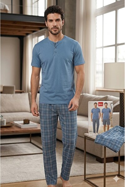 elma abone New Season Men's Summer Combed Cotton Triple (Shorts) Pajama Set