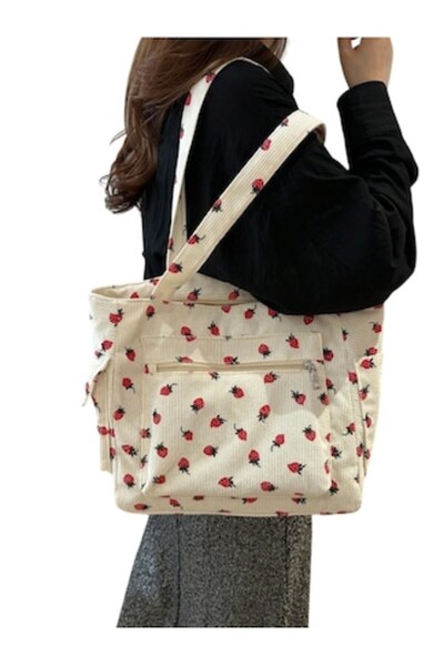 The Casius. Tote bag with zipper, ribbed texture material, Strawberry model, ...