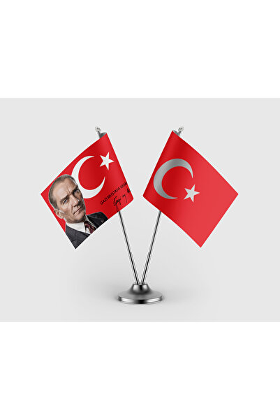 puntodizayn Gazi Mustafa K. Atatürk ve Türk Bayrağı İkili Saten Masa Bayrağı ...