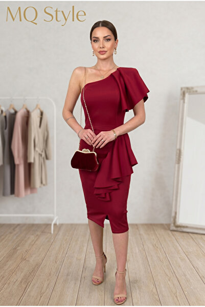 MQ Elegant One Shoulder Ruched Side Split Midi Evening Dress - Available in 3...