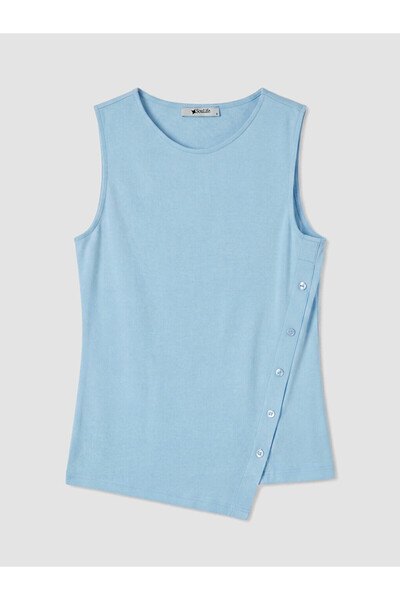 LC Waikiki Blue Crew Neck Asymmetrical Cut Blouse