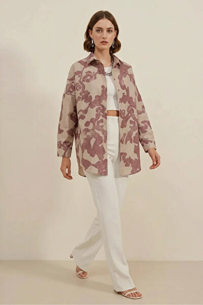 Generic Brand Women's Basic Oversize Patterned Cotton Dusty Rose Shirt