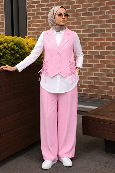 İmajButik Pink Buttoned Vest and Trousers Set