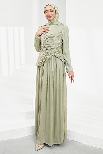 İmajButik Mint Green Front Gathered Pleated Evening Dress