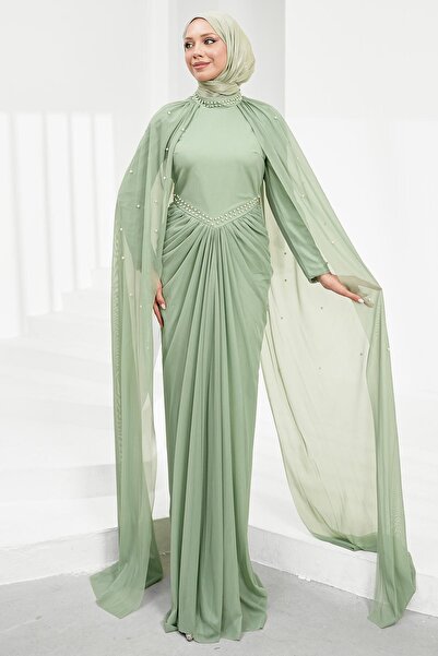 İmajButik Mint Green Shoulder Cape Pearl Embellished Evening Dress