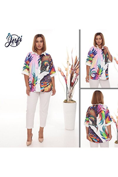 JERFİ Women's Plus Size Stone Printed Fabric Shirt