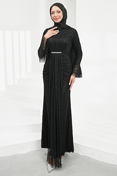 İmajButik Black Lace Evening Dress with Flounces and Stones on the Sleeves