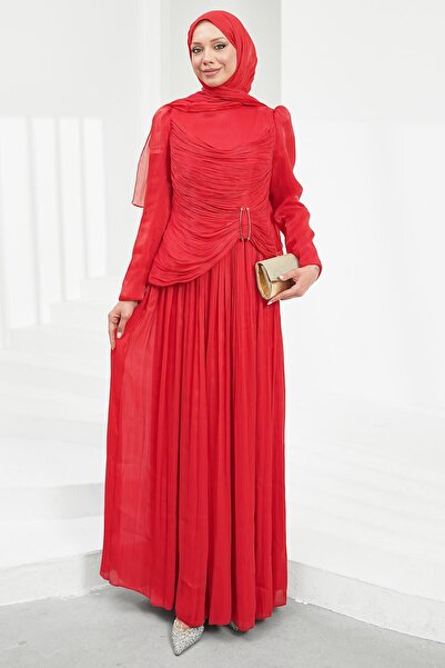 İmajButik Red Front Gathered Pleated Evening Dress