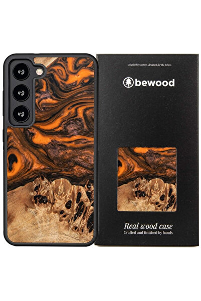 BEWOOD Carcasă din lemn pentru Samsung Galaxy S23, unică, portocalie și neagră