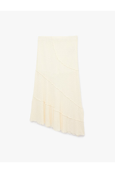 Koton Asymmetrical Cut Textured Midi Skirt with Stitching Detail