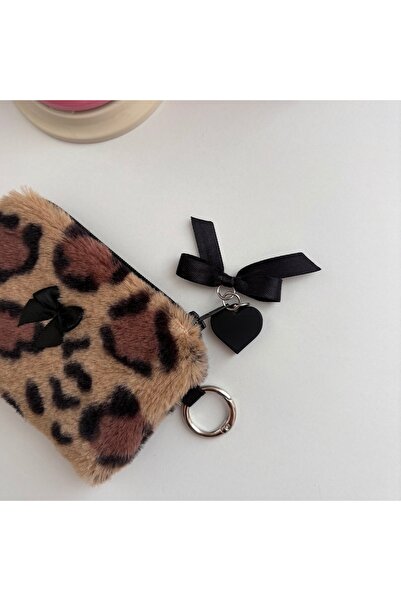 PİNKUE Plišani mini držač za kartice sa leopard uzorkom i privezak za torbu/t...