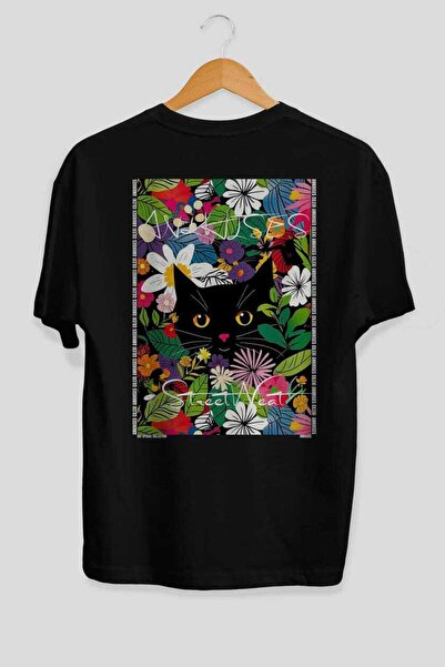 Ankhises For the Love of Cats 124 Cat Printed Black Oversize T-Shirt 100% Cot...