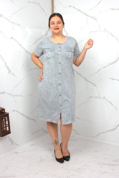 Truva XXL Plus Size Gray Front Button Washed Cotton Dress