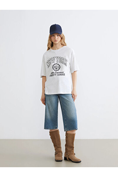 LC Waikiki Gray New York Printed Oversize Women's T-Shirt