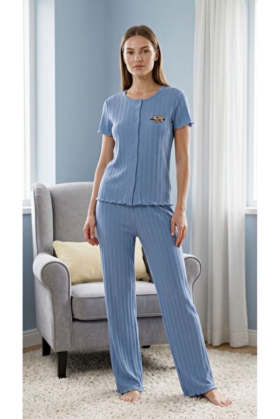 MİSS ELİZZA Transfer Fabric Ribbed Embroidery Detailed Buttoned Blue Suit