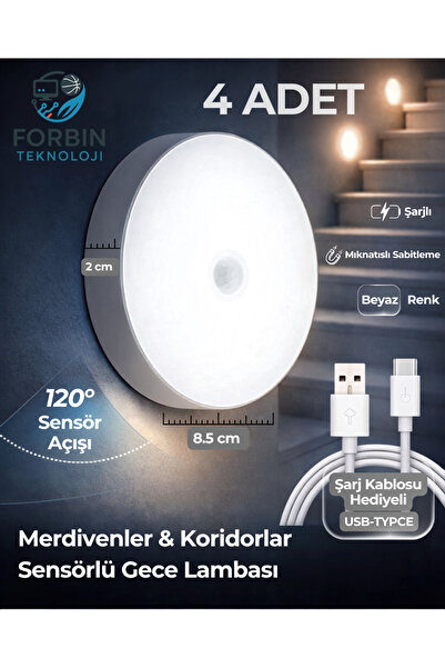 Forbin 4 Adet Hareket Sensörlü Gece Lambası Şarjlı LED Gece Işığı 120° Hareke...