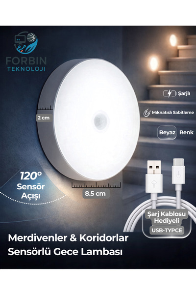 Forbin Hareket Sensörlü Gece Lambası Şarjlı LED Gece Işığı 120° Hareket Sensö...