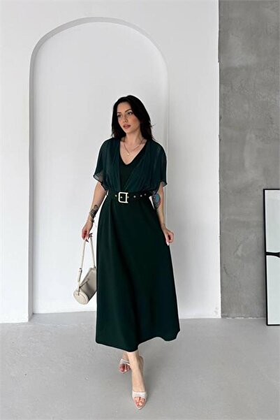 Neşeli Butik Rochie de damă verde din șifon, cu decolteu în V, cu curea și lu...