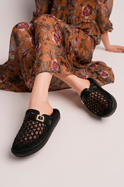 SEFERİ Women's Black Tulle Full Orthopedic Smart Padded Buckle Daily Slippers...