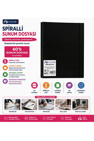 FLY COLOR A4 Spiralli Sunum Dosyası 40'lı Lastikli Kapaklı Siyah