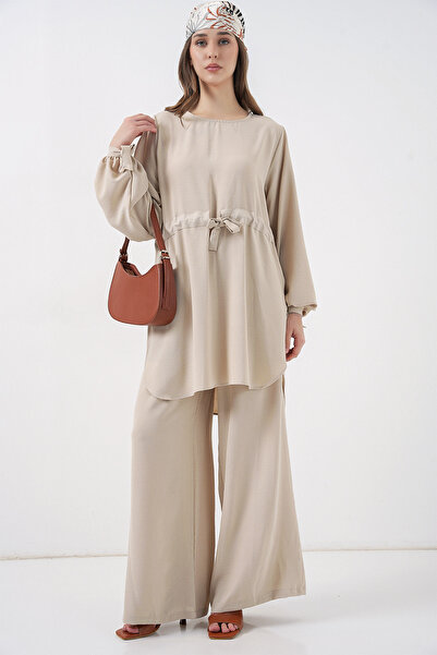 Merterium Women's Long Tunic Pants Double Set - Cream 1419